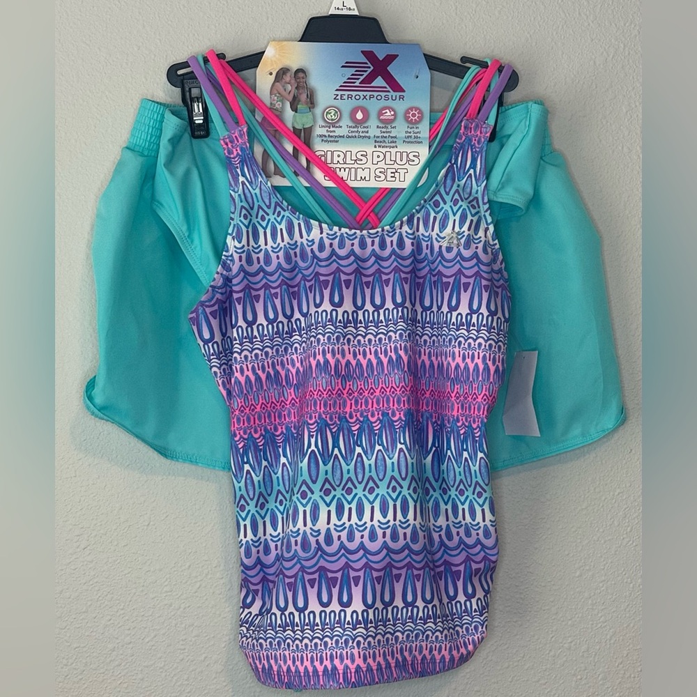 Zeroxposur Girls Calypso 3 Piece Tankini/Cover Up Short Set NWT Size L 14.5/16.5